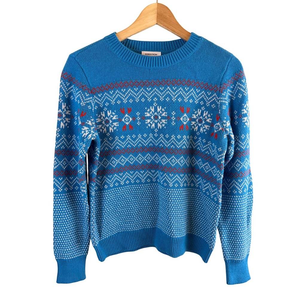 Nordstrom Fair Isle Crewneck Sweater Women Small Blue Snowflake